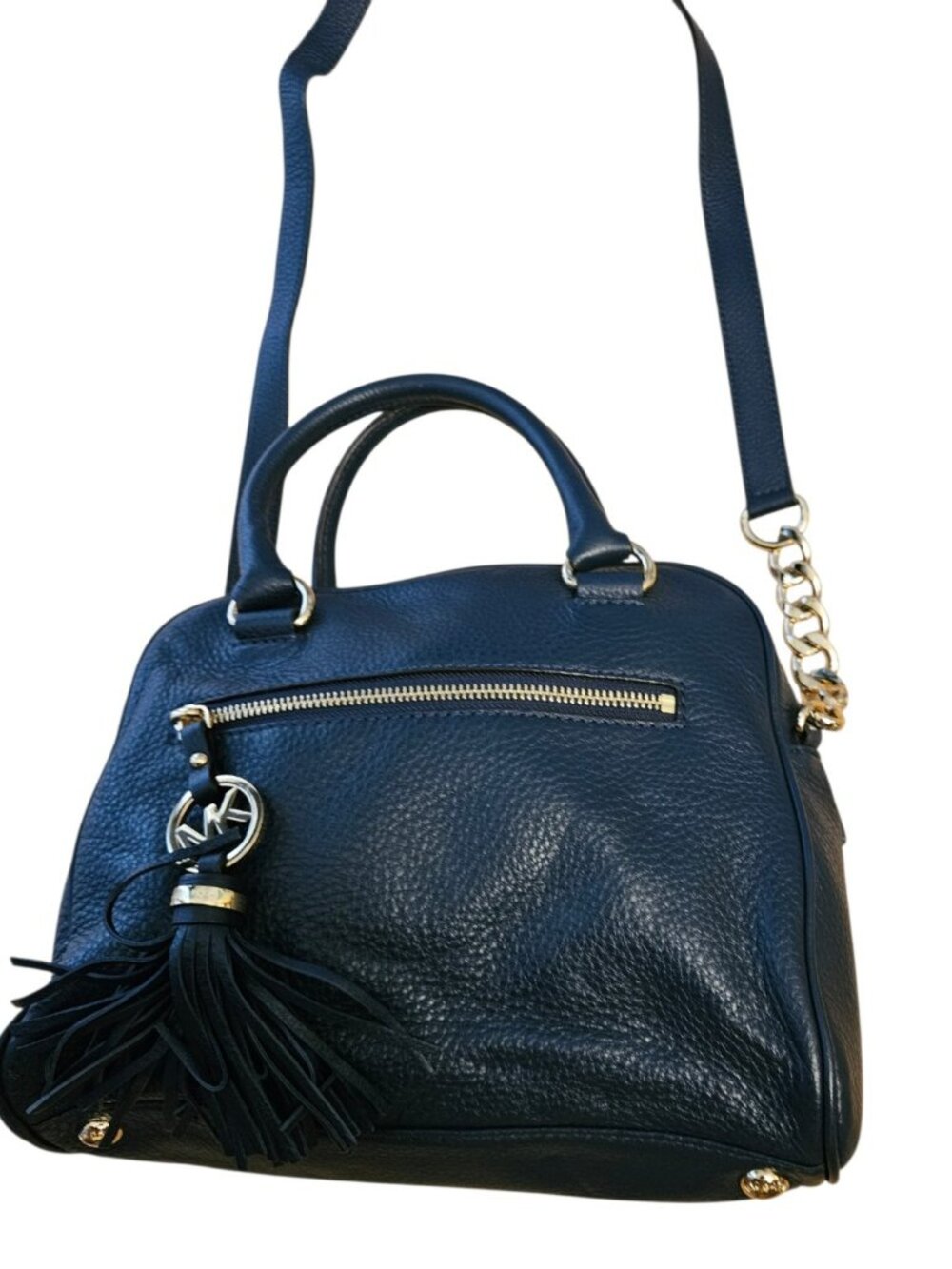 Michael Kors Navy Pebbled Leather Satchel Crossbody Bag Tassel Gold Hardware